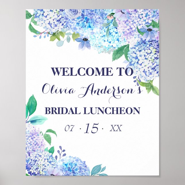 Watercolor Greenery Blue Hydrangea Bridal Luncheon Poster (Front)