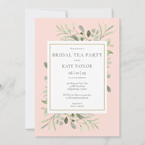 Watercolor Greenery Blush Pink Bridal Tea Party Invitation - Featuring delicate watercolor greenery leaves, this chic bridal tea party invitation can be personalized with your special celebration event information, with a blush pink background. Designed by Thisisnotme©
