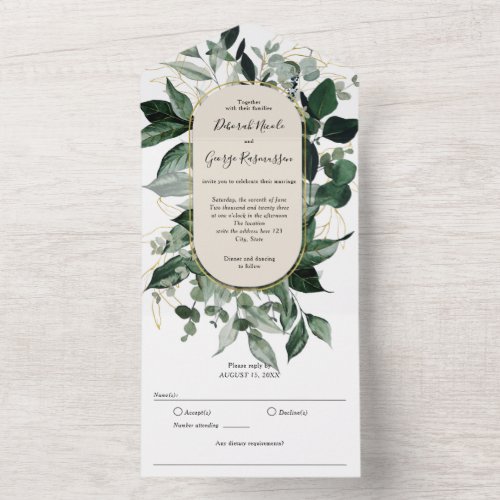 Watercolor Greenery Botanic Boho Arched Wedding All In One Invitation