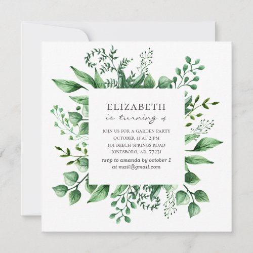 Watercolor greenery botanic Garden kids birthday Invitation