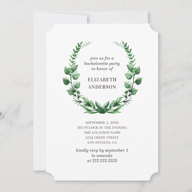 Watercolor greenery botanical bachelorette party invitation (Front)