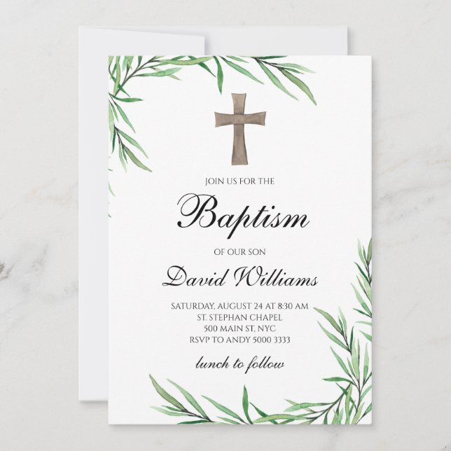 Watercolor Greenery Botanical Boy Baptism Invitation (Front)