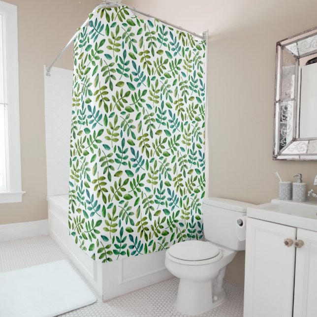 Watercolor greenery botanical floral pattern shower curtain (In Situ)