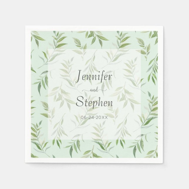 Watercolor Greenery Botanical Pale Green Wedding Napkins (Front)