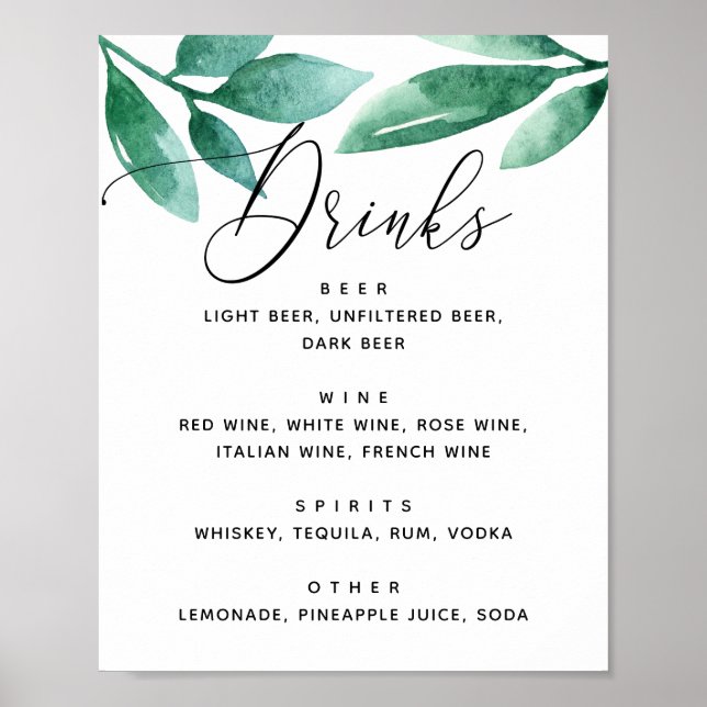 Watercolor greenery botanical wedding drinks bar poster (Front)