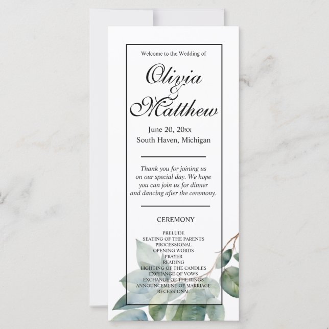 Watercolor greenery botanical Wedding program (Front)