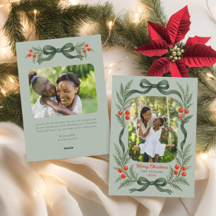 Watercolor Greenery Bow Merry Christmas Photo Holiday Card