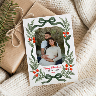 Watercolor Greenery Bow Merry Christmas Photo Holiday Card