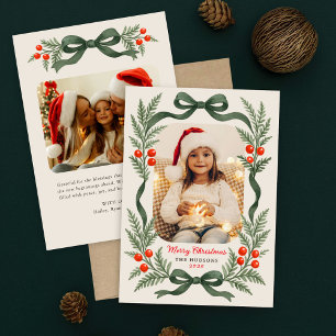 Watercolor Greenery Bow Merry Christmas Photo Holiday Card