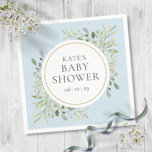 Watercolor Greenery Boy Blue Baby Shower Napkins