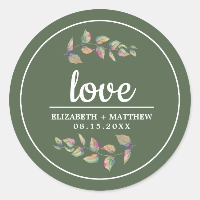 Watercolor Greenery Branches Green Wedding  Classic Round Sticker (Front)
