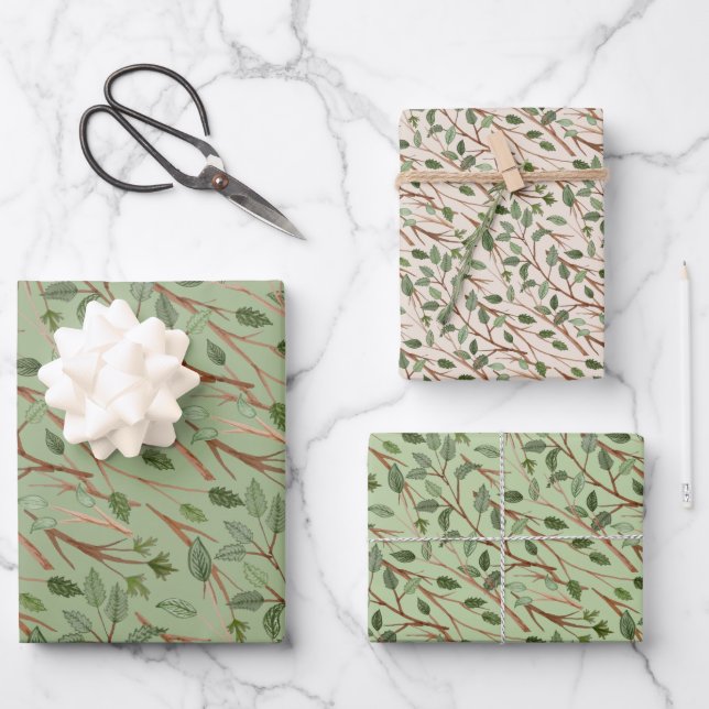 Watercolor Greenery Branches Wrapping Paper Sheets (Front)