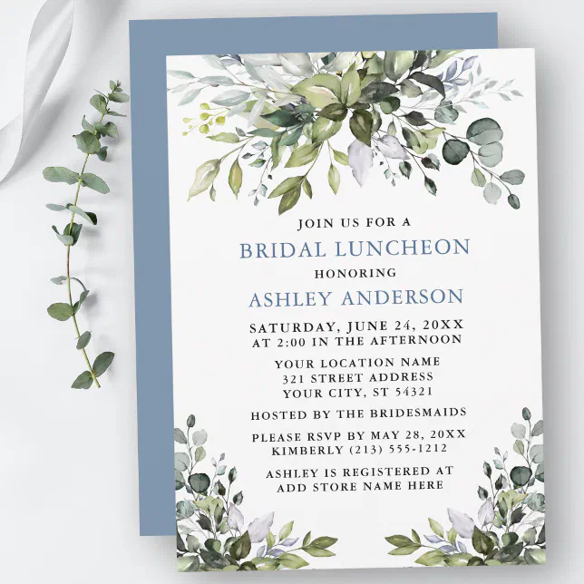 Watercolor Greenery Bridal Luncheon Dusty Blue Invitation | Zazzle