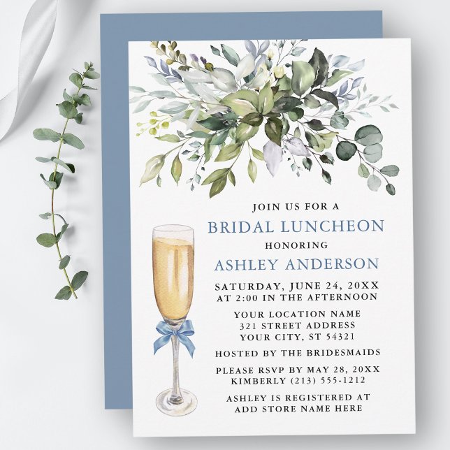 Watercolor Greenery Bridal Luncheon Dusty Blue  Invitation