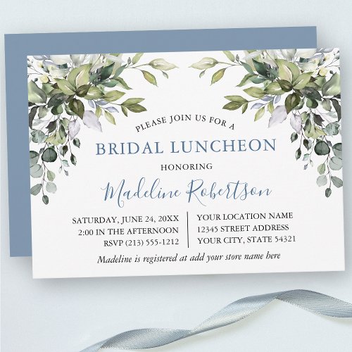 Watercolor Greenery Bridal Luncheon Dusty Blue Invitation