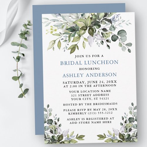 Watercolor Greenery Bridal Luncheon Dusty Blue Invitation