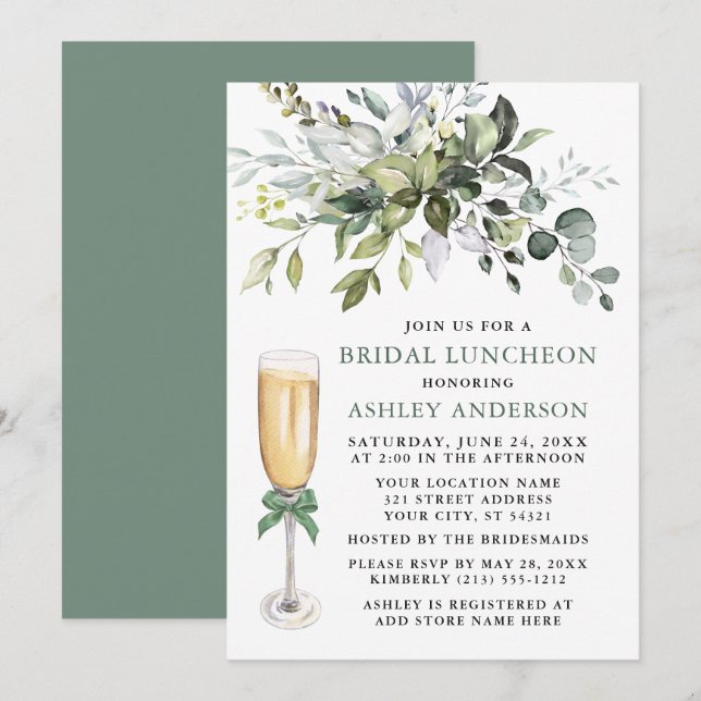 Watercolor Greenery Bridal Luncheon Sage Green Invitation (Front/Back)