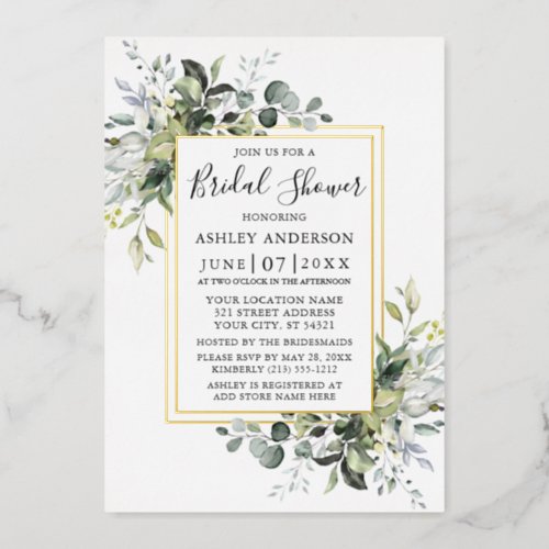 Watercolor Greenery Bridal Shower 2 Frame Gold Foil Invitation