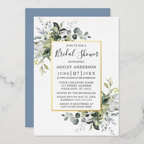 Watercolor Greenery Bridal Shower Dusty Blue Gold Foil Invitation