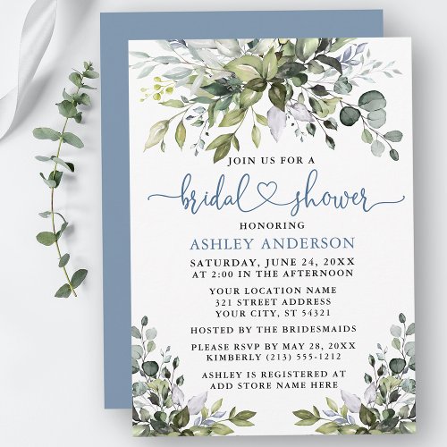 Watercolor Greenery Bridal Shower Dusty Blue Heart Invitation