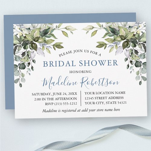 Watercolor Greenery Bridal Shower Dusty Blue Invitation