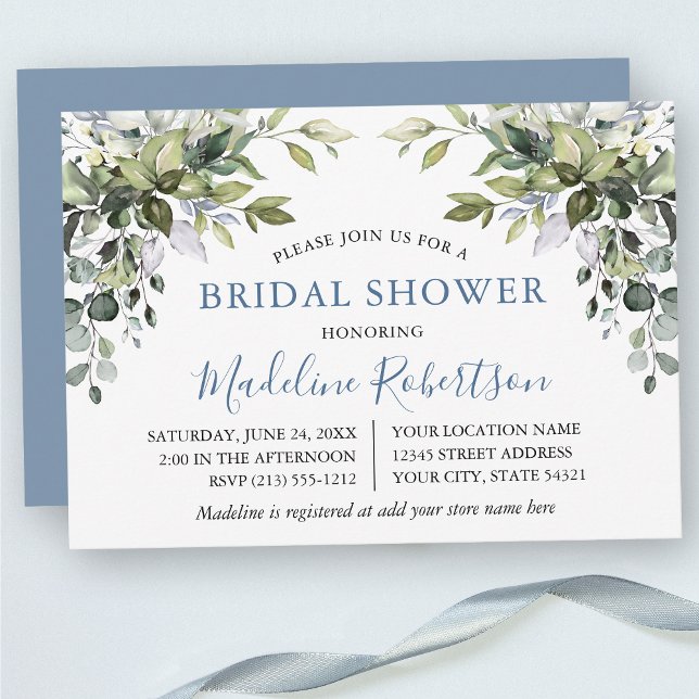 Watercolor Greenery Bridal Shower Dusty Blue Invitation (Customize to change text color, text style or color of back of card.)