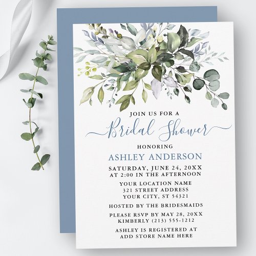 Watercolor Greenery Bridal Shower Dusty Blue  Invitation