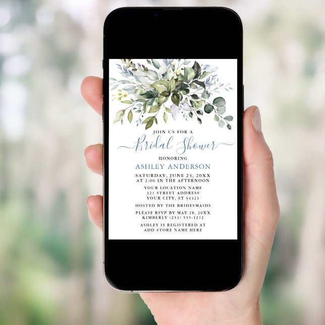 Watercolor Greenery Bridal Shower Dusty Blue  Invitation (Front Digital)