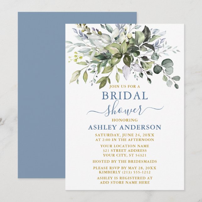 Watercolor Greenery Bridal Shower Gold Dusty Blue Invitation (Front/Back)