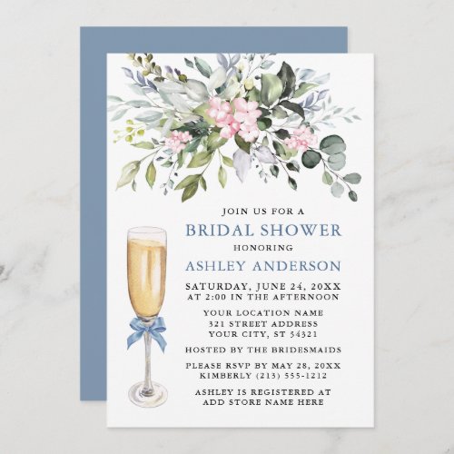 Watercolor Greenery Bridal Shower Pink Dusty Blue Invitation