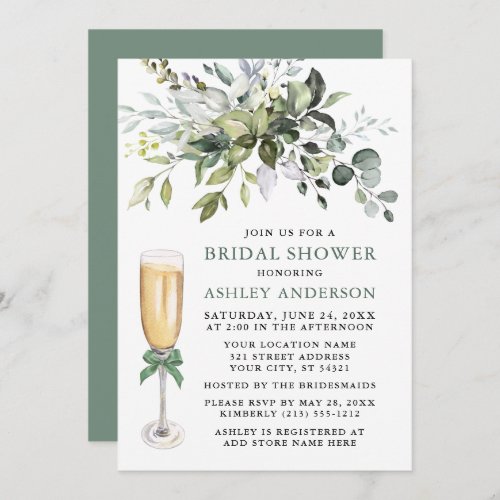 Watercolor Greenery Bridal Shower Sage Green Bow Invitation