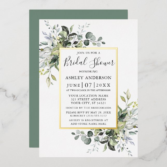 Watercolor Greenery Bridal Shower Sage Green Gold Foil Invitation (Front/Back)
