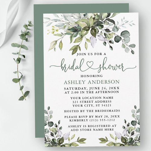 Watercolor Greenery Bridal Shower Sage Green Heart Invitation