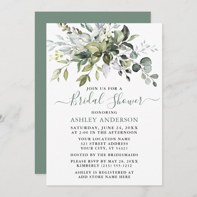 Watercolor Greenery Bridal Shower Sage Green Invitation (Front/Back)