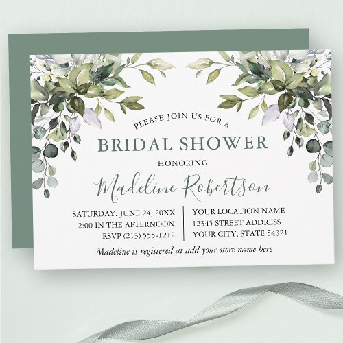 Watercolor Greenery Bridal Shower Sage Green Invitation