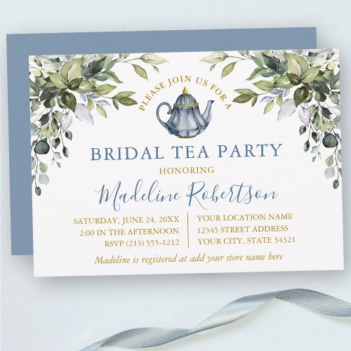 Watercolor Greenery Bridal Tea Party Dusty Blue Invitation