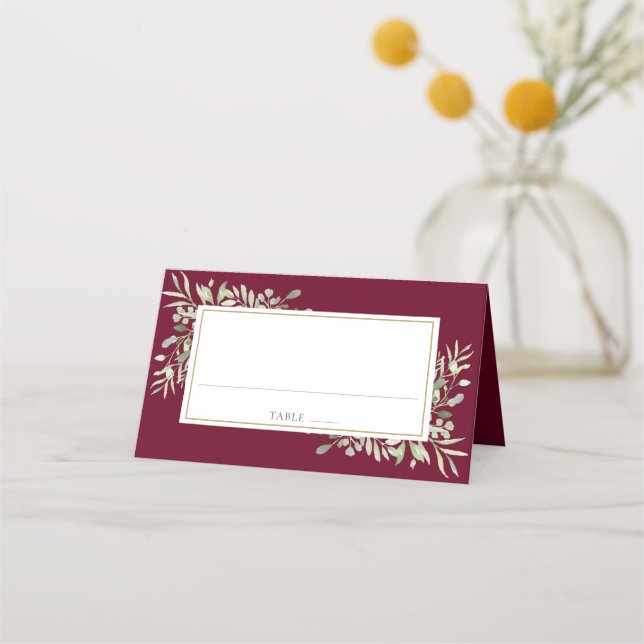 Watercolor Greenery Burgundy Red Wedding Place Card (Front)