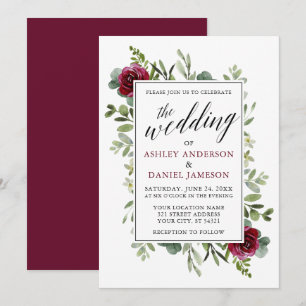 Watercolor Greenery Burgundy Roses Wedding Invitation
