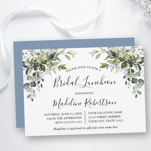 Watercolor Greenery Calligraphy Blue Bridal Lunch Invitation