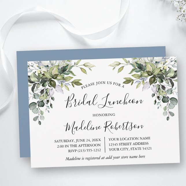 Watercolor Greenery Calligraphy Blue Bridal Lunch Invitation (Customize to change text color, text style or color of back of card.)