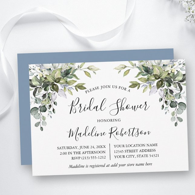 Watercolor Greenery Calligraphy Blue Bridal Shower Invitation (Customize to change text color, text style or color of back of card.)