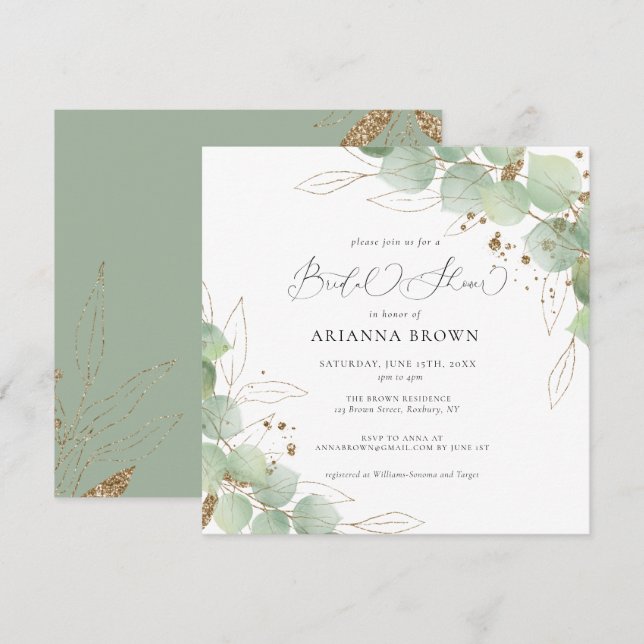 Watercolor Greenery Calligraphy Bridal Shower  Invitation (Front/Back)
