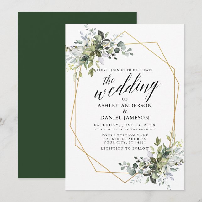 Watercolor Greenery Calligraphy Geometric Wedding Invitation (Front/Back)