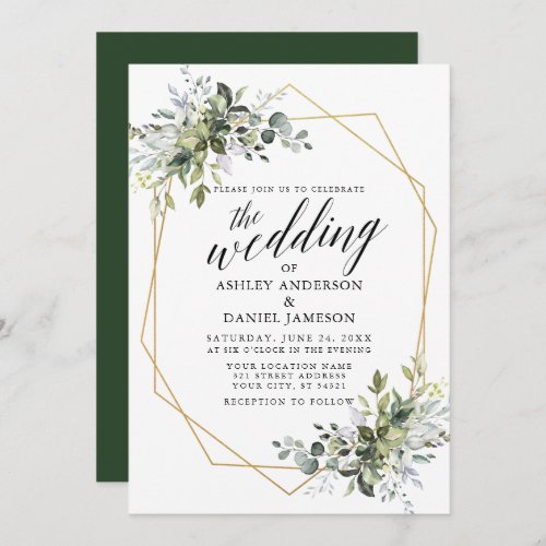 Watercolor Greenery Calligraphy Geometric Wedding Invitation
