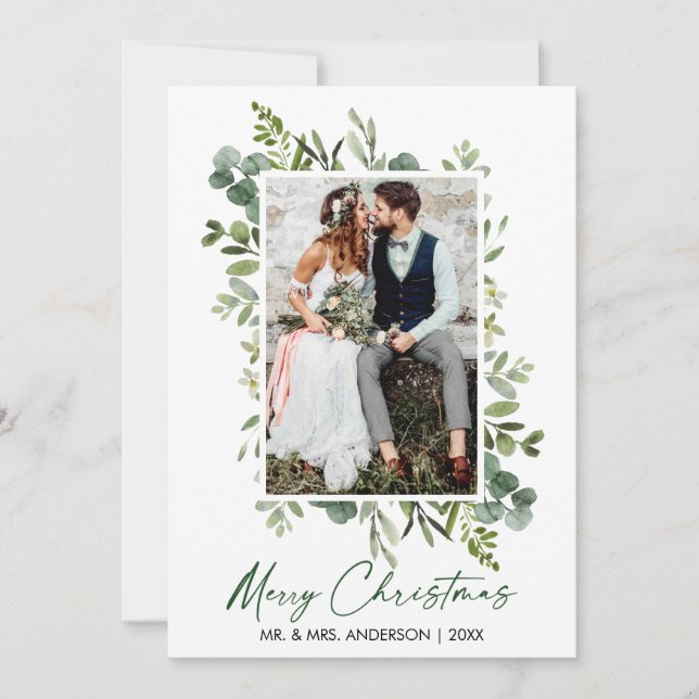 Watercolor Greenery Calligraphy Green Ink Wedding Holiday Card (Front)