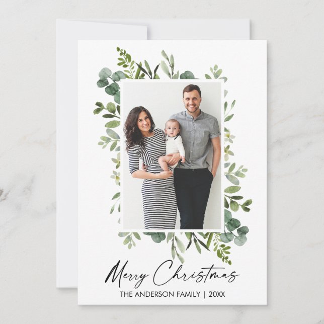 Watercolor Greenery Calligraphy Ink Script Holiday Card (Front)
