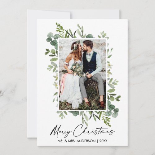 Watercolor Greenery Calligraphy Ink Script Wedding Holiday Card