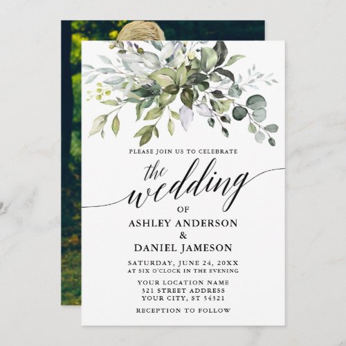 Watercolor Greenery Calligraphy Photo Back Wedding Invitation