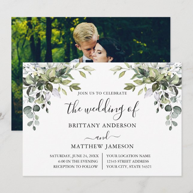 Watercolor Greenery Calligraphy Photo Wedding Invitation (Front/Back)