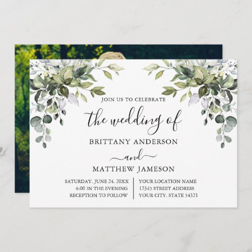 Watercolor Greenery Calligraphy Photo Wedding Invitation